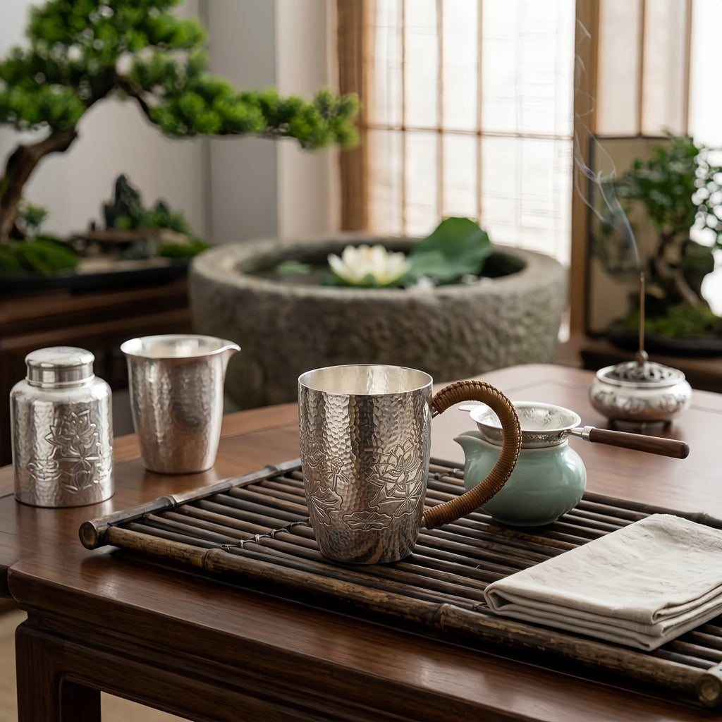Pure 999 Fine Silver Hammered Silver Mug with Hand-Engraved Lotus Designs and Woven Handle - Handicraft Vera Lux