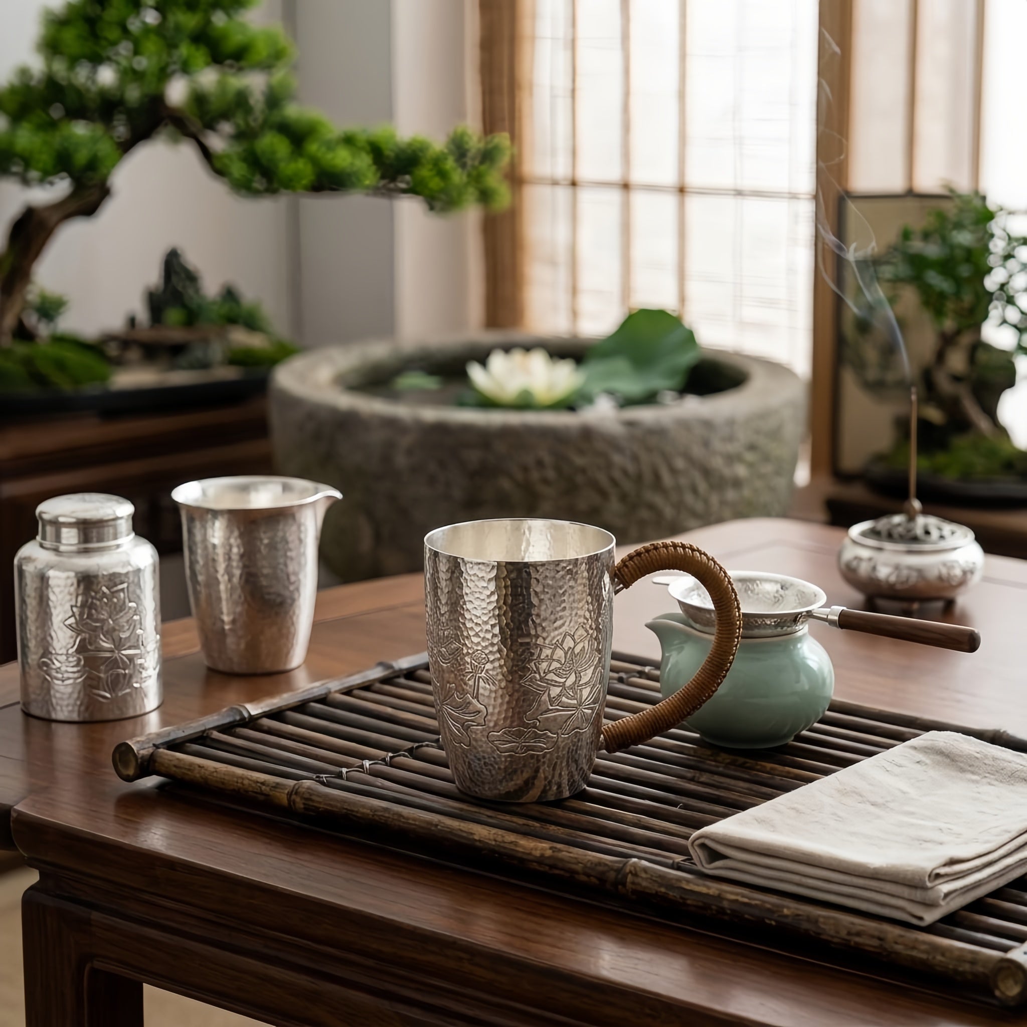Pure 999 Fine Silver Hammered Silver Mug with Hand-Engraved Lotus Designs and Woven Handle - Handicraft Vera Lux