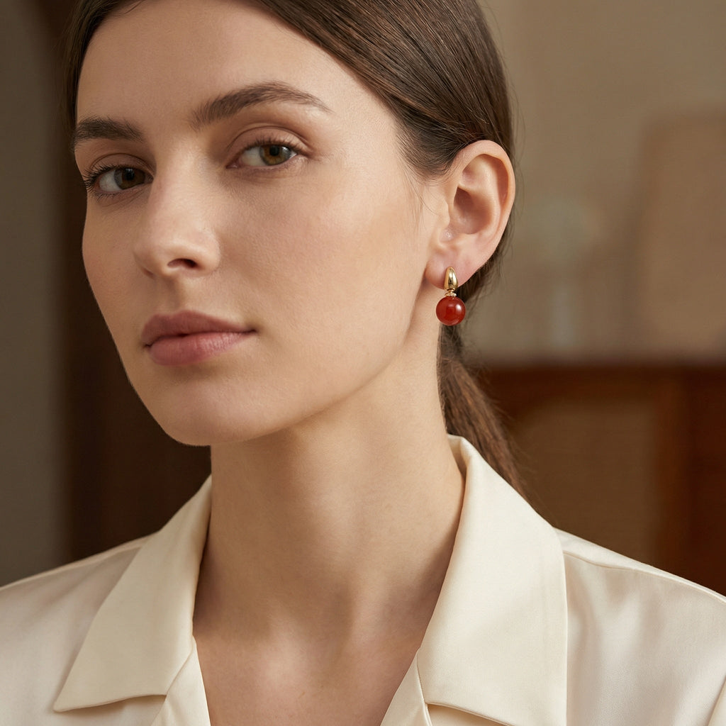925 Sterling Silver Elegant Red Carnelian Sphere and Polished Metallic Teardrop Drop Earrings Vera Lux