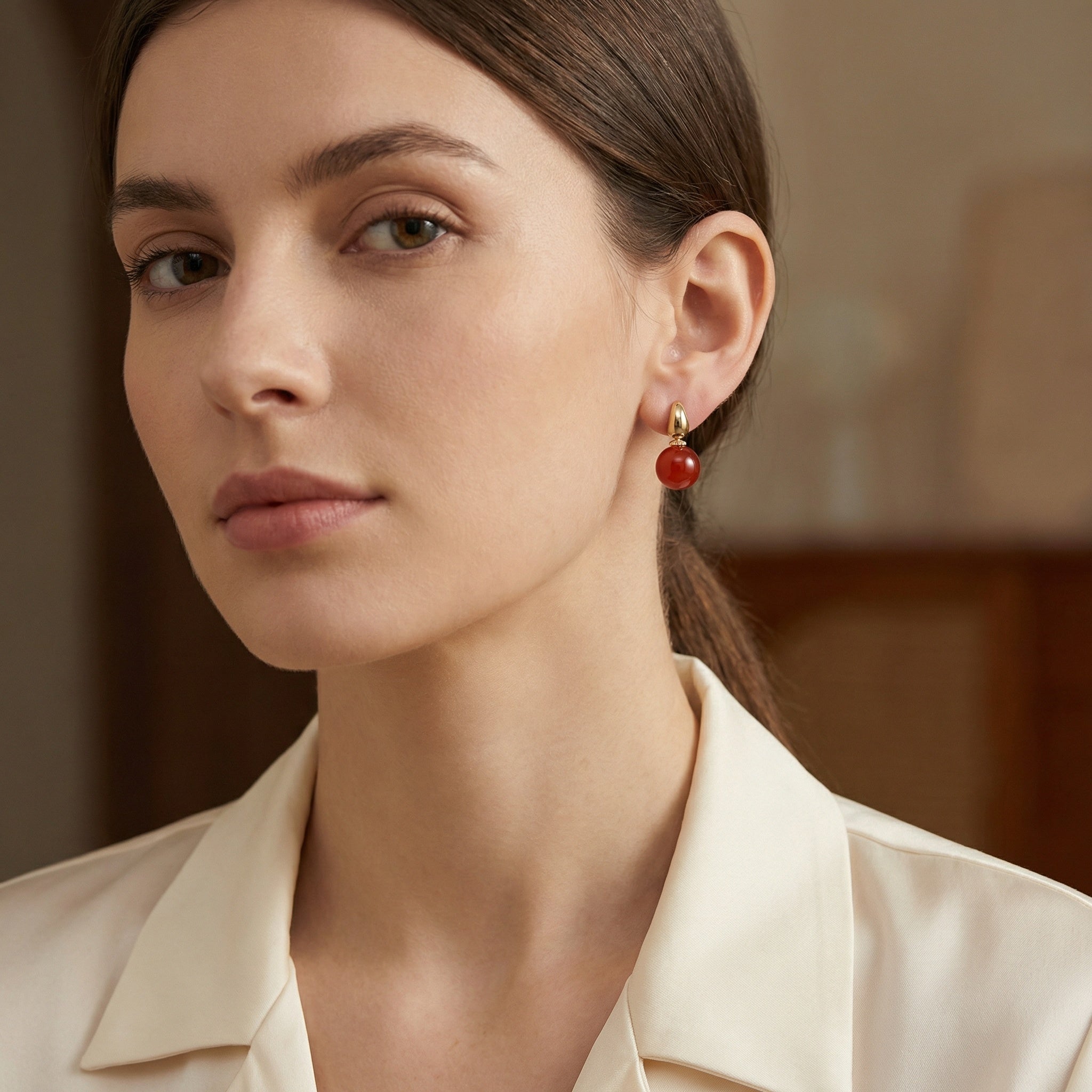925 Sterling Silver Elegant Red Carnelian Sphere and Polished Metallic Teardrop Drop Earrings Vera Lux