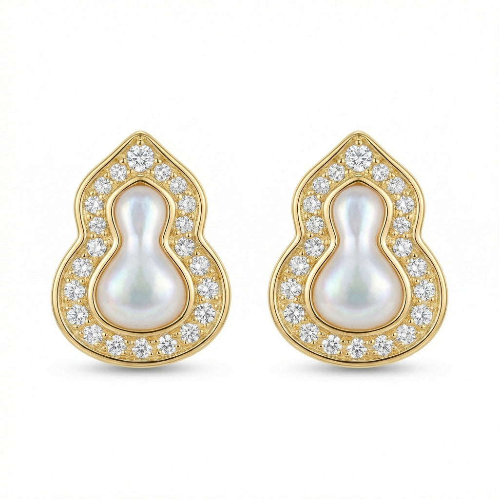 925 Sterling Silver Exquisite Mother-of-Pearl and CZ Gourd-Shaped Stud Earrings Vera Lux