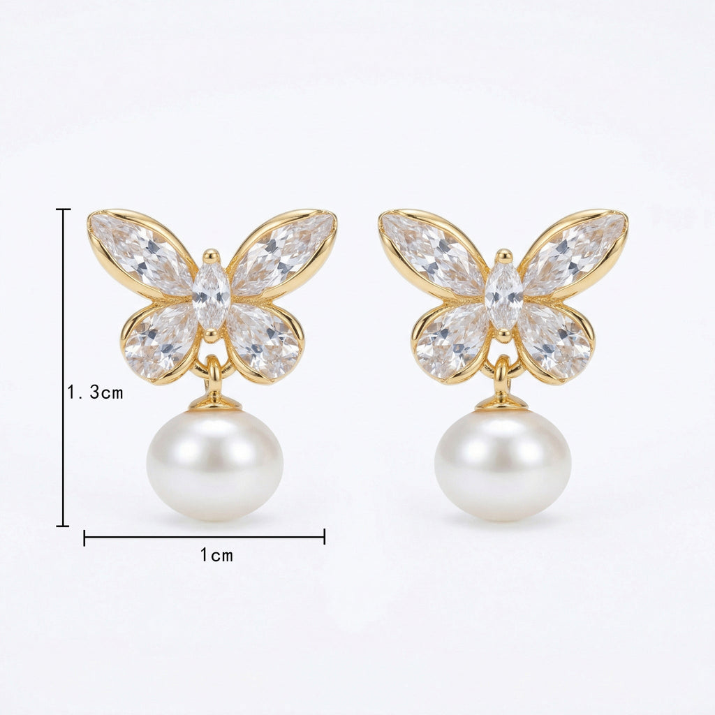 925 Sterling Silver Elegant Crystal Butterfly and Lustrous Pearl Drop Earrings Vera Lux