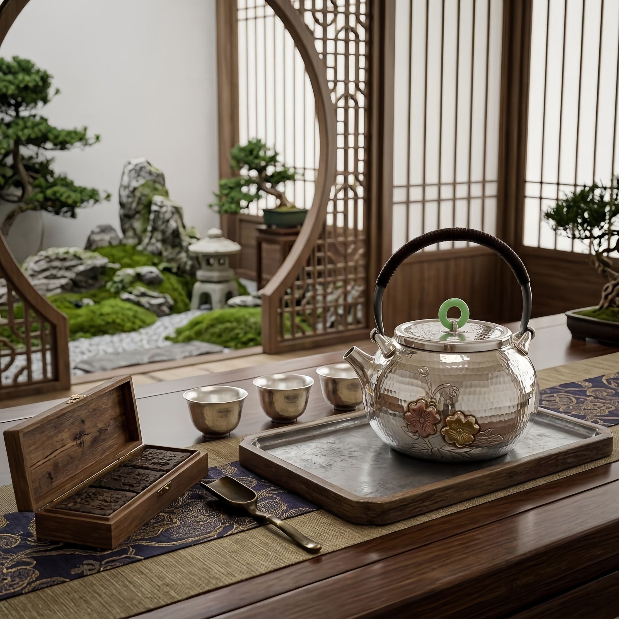 Pure 999 Fine Silver Elegant Hand-Hammered Silver Teapot with Floral Relief and Green Jade Finial - Handicraft Vera Lux