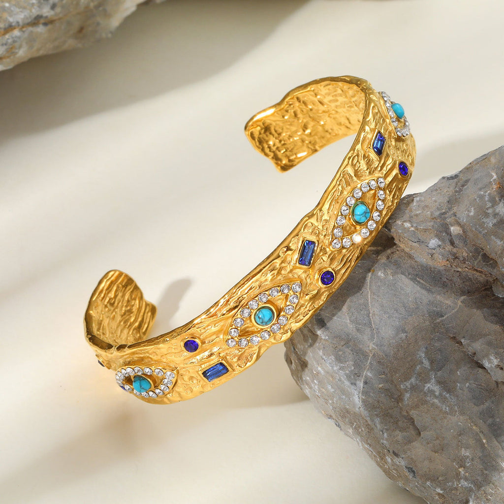 Stainless Steel Zircon Turquoise Eye Open Bracelet In Gold Color Vera Lux