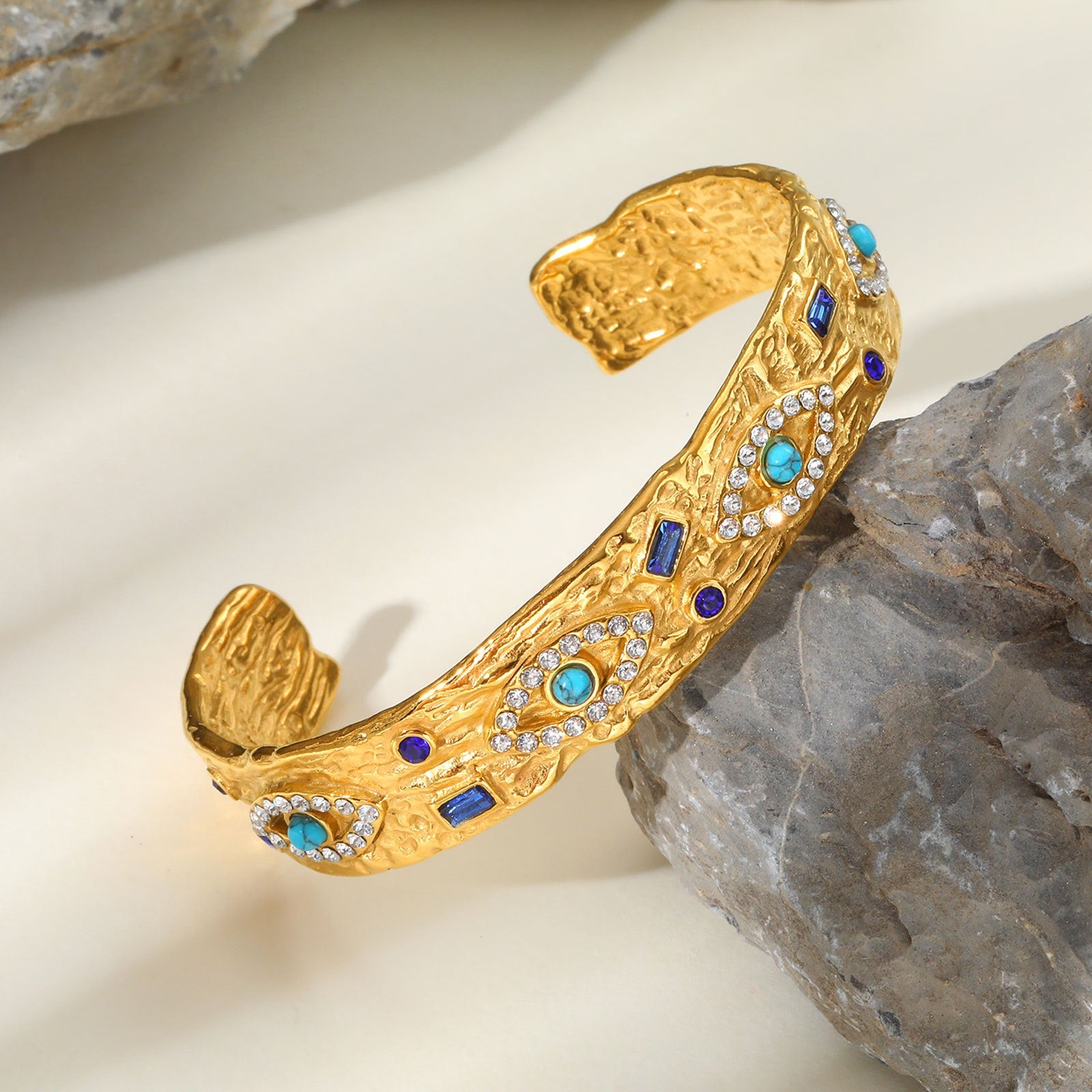 Stainless Steel Zircon Turquoise Eye Open Bracelet In Gold Color Vera Lux