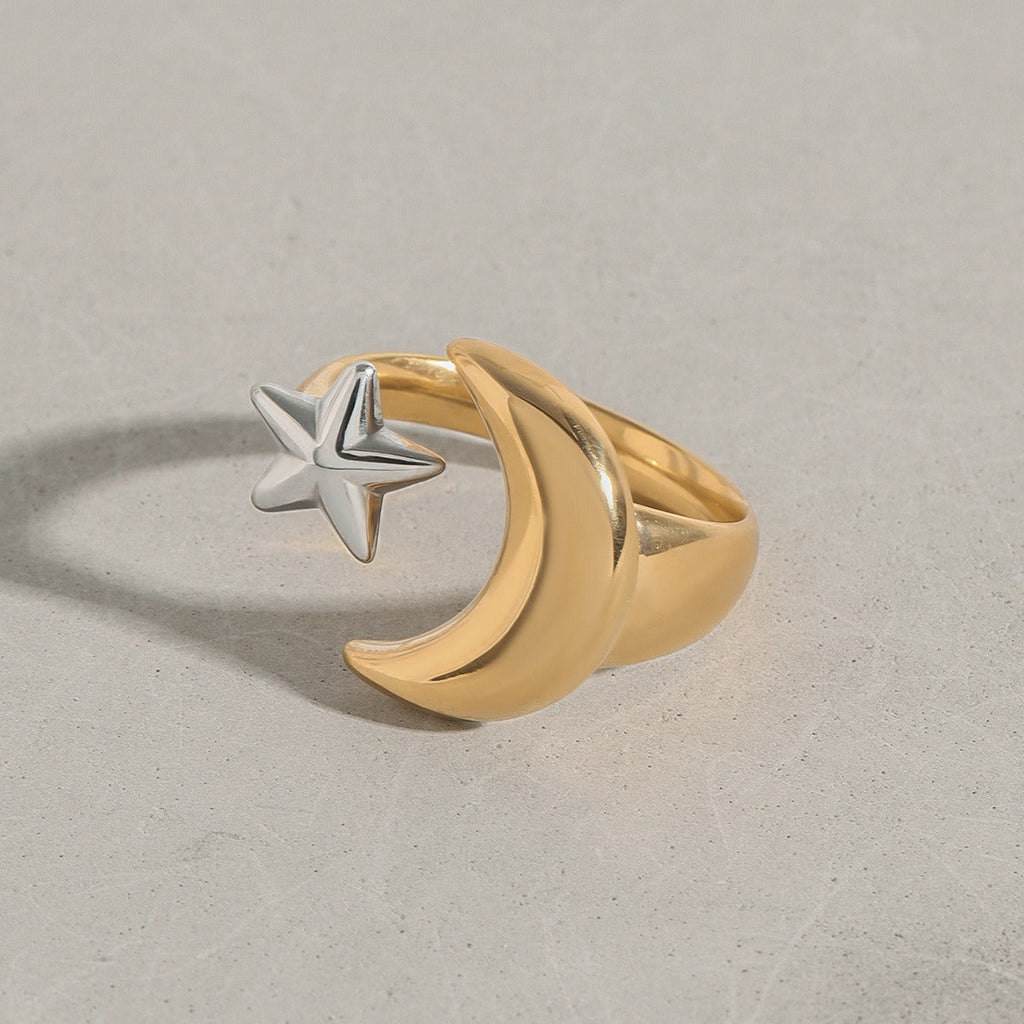 18K gold moon and star with gold and silver color matching design trendy personality open ring Vera Lux