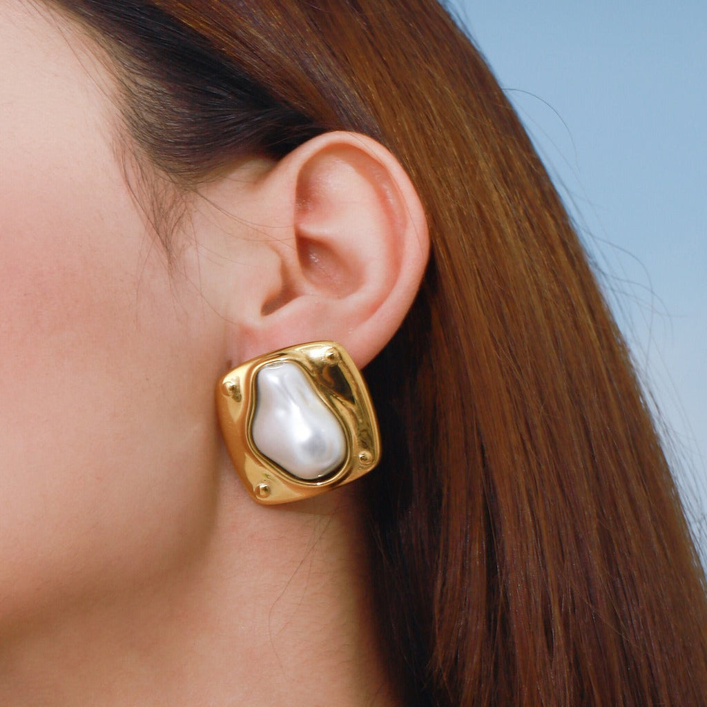 18K gold geometric square inlaid irregular pearls exquisite design dazzling earrings Vera Lux