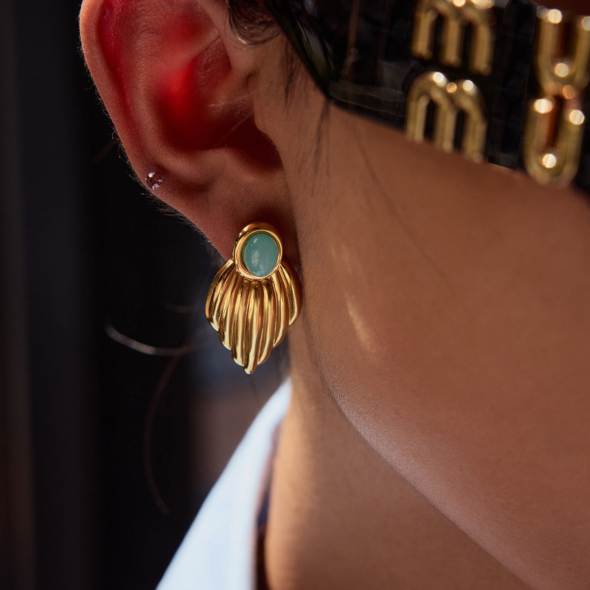 18K gold geometric inlaid gemstone design exquisite noble earrings Vera Lux