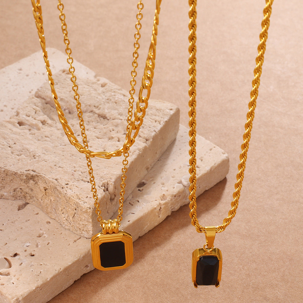 Vintage Stackable Double Layer Oval Black Onyx Pendant Necklace, 18K Gold Plated Square Black Zircon Clavicle Chain Vera Lux