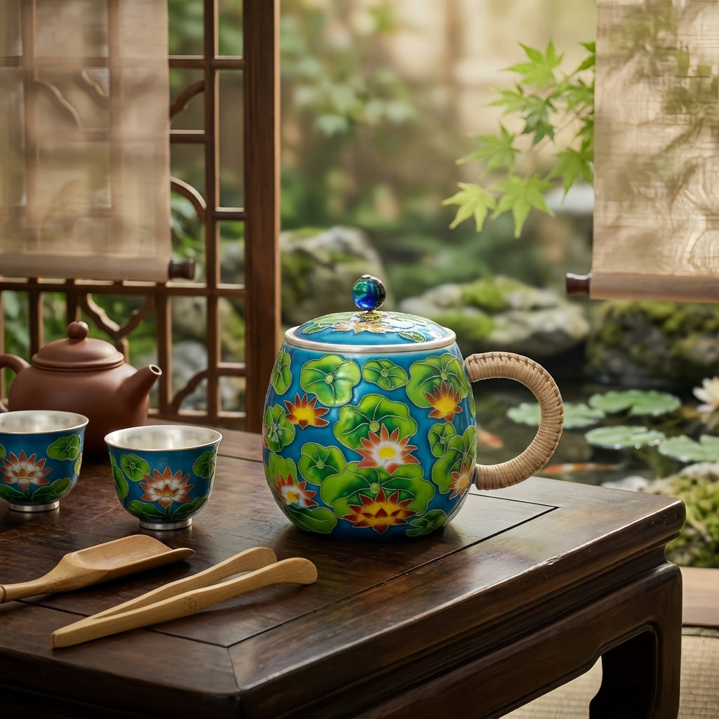 Pure 999 Fine Silver Vibrant Blue Enamel Lotus Flower Mug with Rattan Handle and Jeweled Lid - Handicraft Vera Lux
