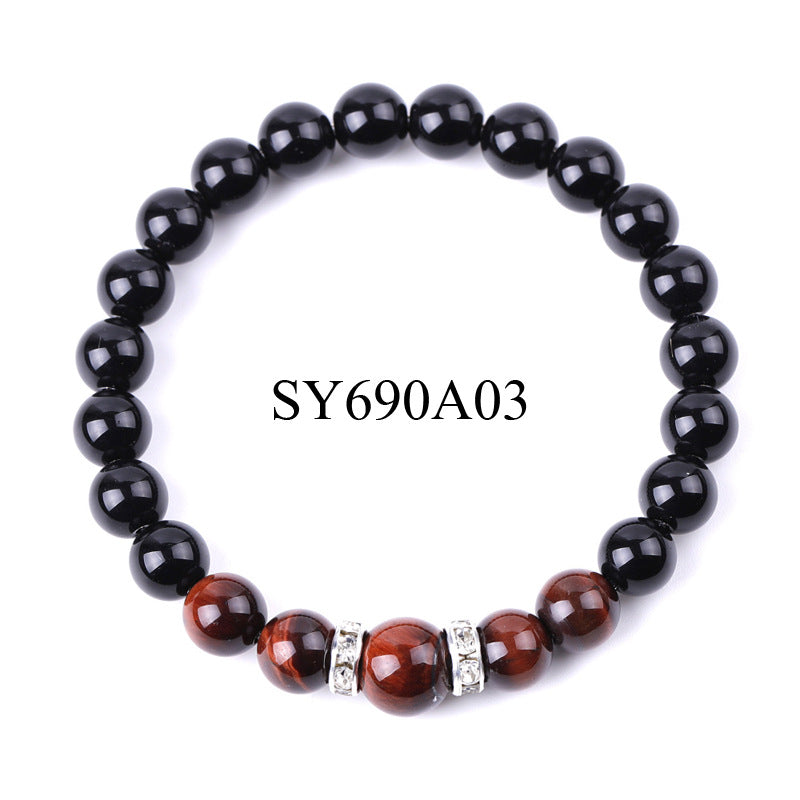 8 Mm 10mm Tigers Eye And Glossy Black Stone Micro-Inlaid Diamond Bracelet Vera Lux