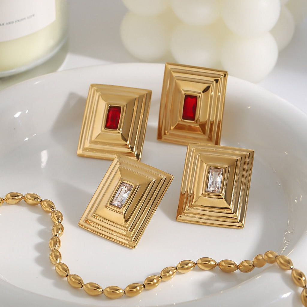 18k gold rectangular inlaid gemstone with concave pattern design exquisite and noble earrings Vera Lux