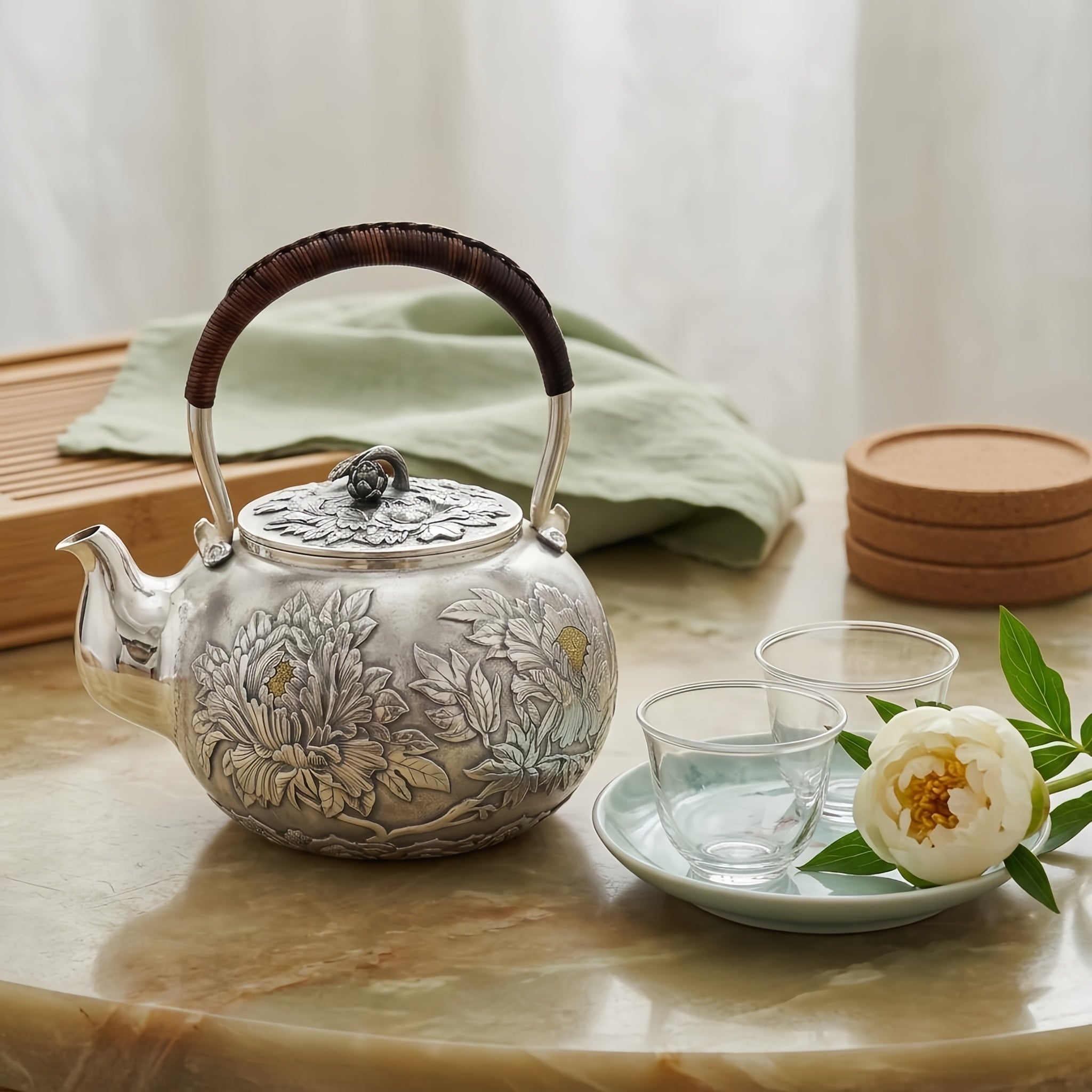 Pure 999 Fine Silver Elegant Silver Teapot with Intricate Peony Engravings and Traditional Woven Handle - Handicraft Vera Lux