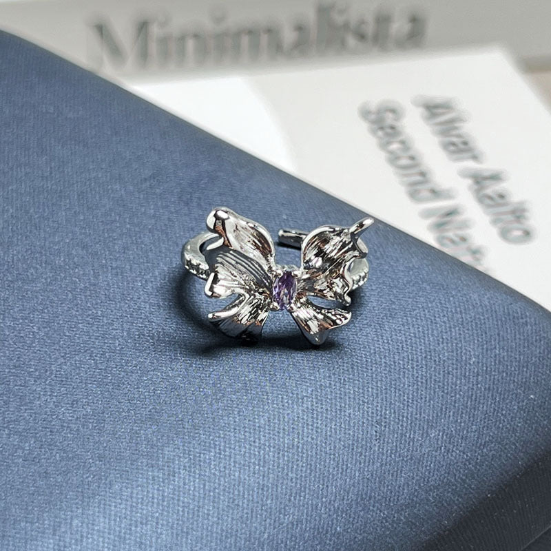 Nine Purple Fire Series Inlaid Purple Rhinestone Open Ring, Sweet Cool Light Luxury High Sense Niche Designer Band, Trendy Adjustable Finger Jewelry For Women Daily Outfit Matching Vera Lux
