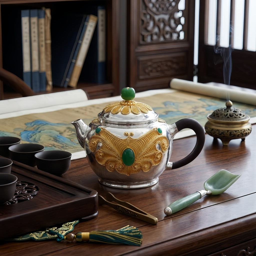 Pure 999 Fine Silver Exquisite Filigree Silver Teapot with Vibrant Green Gemstone Accents - Handicraft Vera Lux