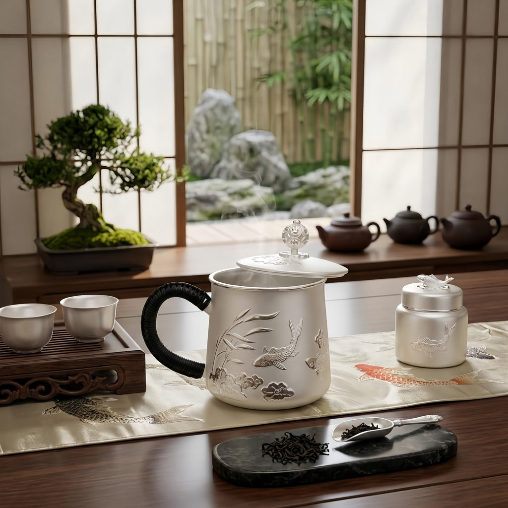 Pure 999 Fine Silver Elegant Ceramic Tea Cup with  Fish and Floral Design-Premium Tea Mug - Handicraft Vera Lux