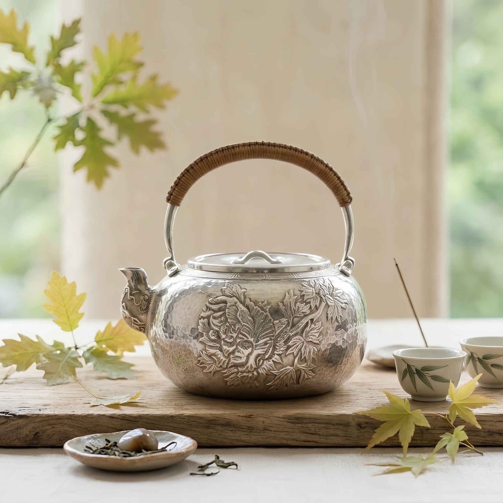 925 Sterling Silver Handcrafted Sterling Silver Floral Teapot with Woven Bamboo Handle and Hammered Texture - Handicraft Vera Lux