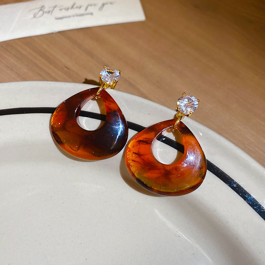 Vintage Maillard Style Wood & Resin Drop Earrings For Women, Gold Tone Twisted Knot Amber Resin Dangle Earrings, Retro Luxury Fashion Jewelry Vera Lux