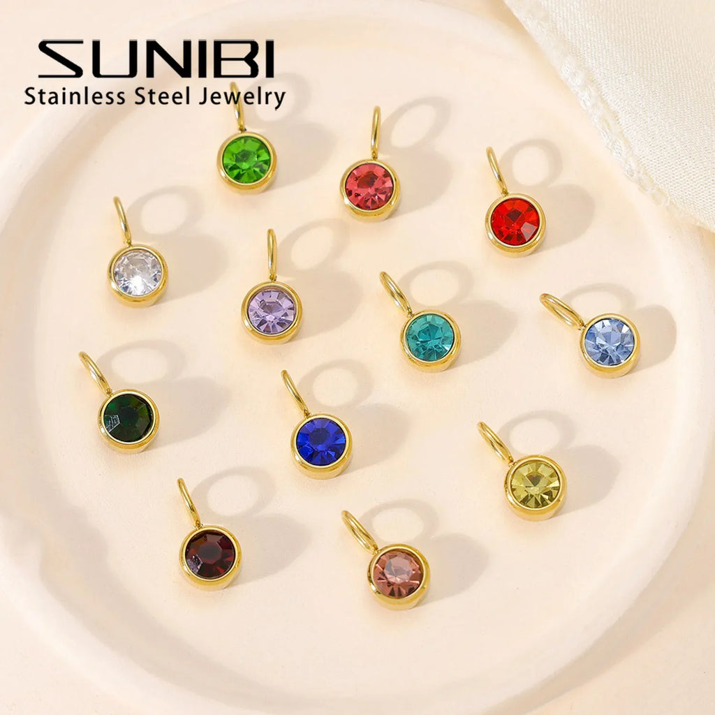 Zirconia Birthstone Pendant 12 Months Color Stone DIY Accessories for Necklace Stainless Steel Jewelry Birthday Gift Wholesale Vera Lux