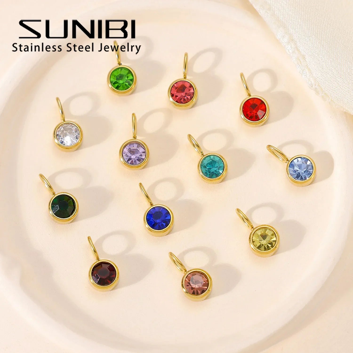 Zirconia Birthstone Pendant 12 Months Color Stone DIY Accessories for Necklace Stainless Steel Jewelry Birthday Gift Wholesale Vera Lux