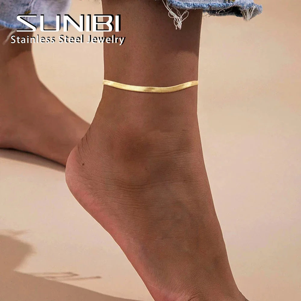 SUNIBI Stainless Steel Snake Chain Anklet for Women Summer Beach Gold Color Anklets Fashion Jewelry Dropshipping Wholesale Vera Lux