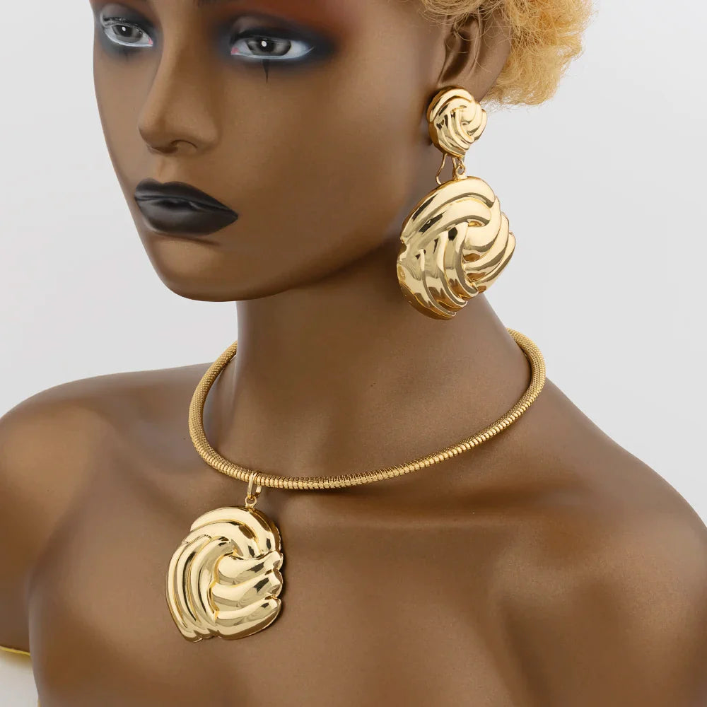 Luxury Female Jewelry Set Gold Color Necklace Big Circle Earrings Bangle Ring for Fashion Women Dubai African Party Jewelry Vera Lux
