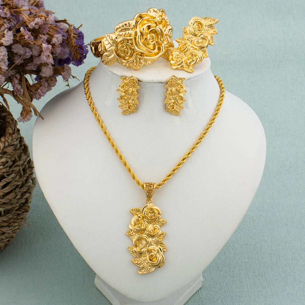 New Arrivals Gold Color Jewelry Sets For Women Fashion Earrings Necklace Italy Bangle Ring Flower Pendant Bride Wedding Party Vera Lux