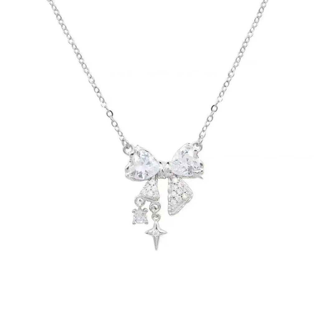 Sweet Pink Bow Necklace Ladies Fashion Sparkling Rhinestone Star Shape Pendant Clavicle Chain Delicate Wedding Accesories Vera Lux