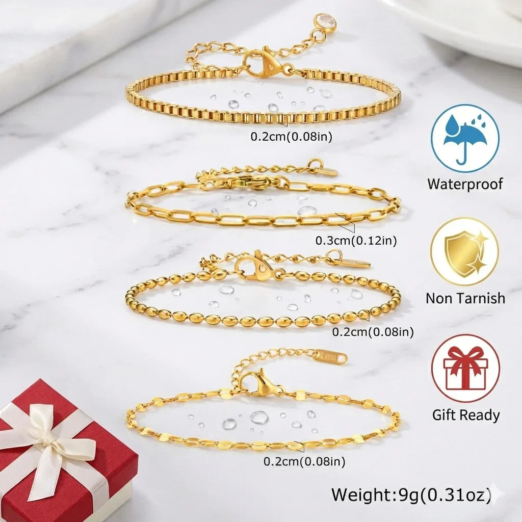 Non Tarnish Stainless Steel Bracelet Gold Plated Stackable for Women, Thin Herringbone Chain Bracelet Waterproof Jewelry Gift Vera Lux
