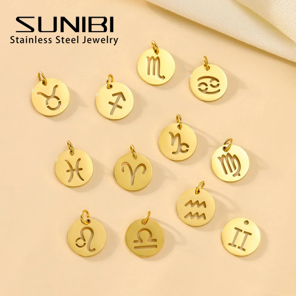 SUNIBI DIY Stainless Steel Disc Components 12 Zodiac Charms for Handmade Jewelry Making Designer Gold Plated Charms for Bracelet Vera Lux