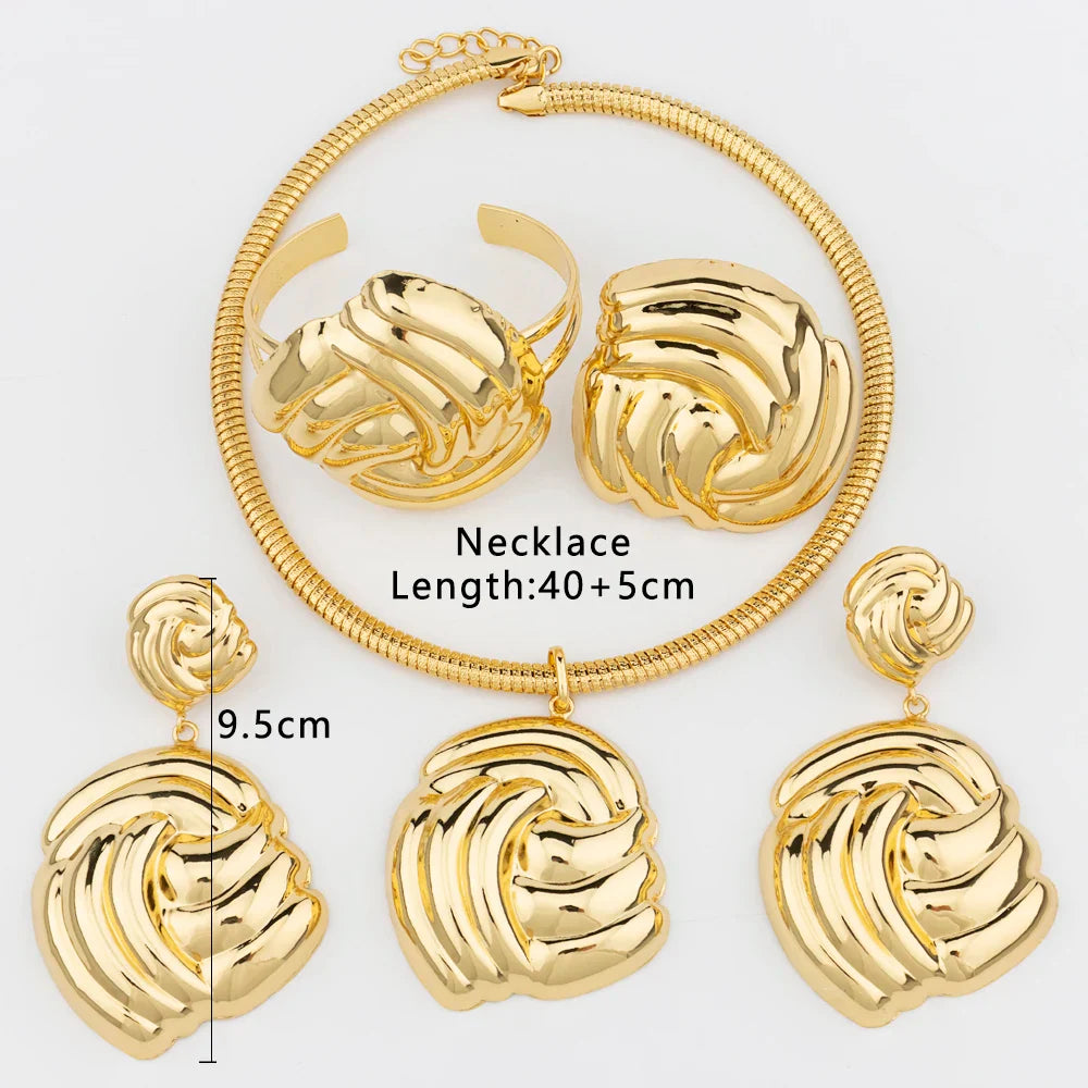 Luxury Female Jewelry Set Gold Color Necklace Big Circle Earrings Bangle Ring for Fashion Women Dubai African Party Jewelry Vera Lux