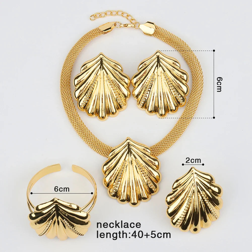Dubai Gold Plated Jewelry Set for Women Shell pattern Earrings and Necklace Set Fashion Wedding Bride Bracelet Ring Jewelry Vera Lux