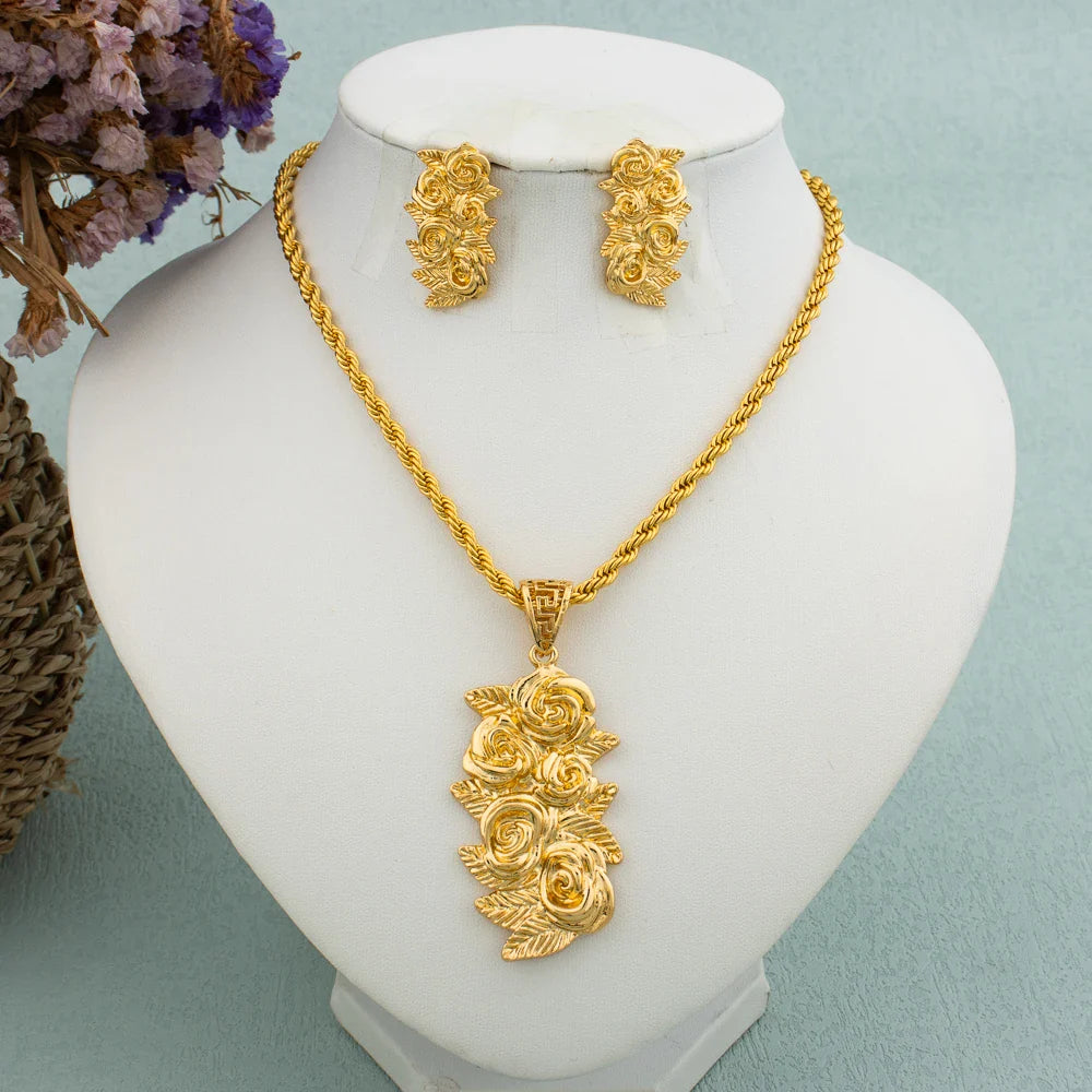 New Arrivals Gold Color Jewelry Sets For Women Fashion Earrings Necklace Italy Bangle Ring Flower Pendant Bride Wedding Party Vera Lux