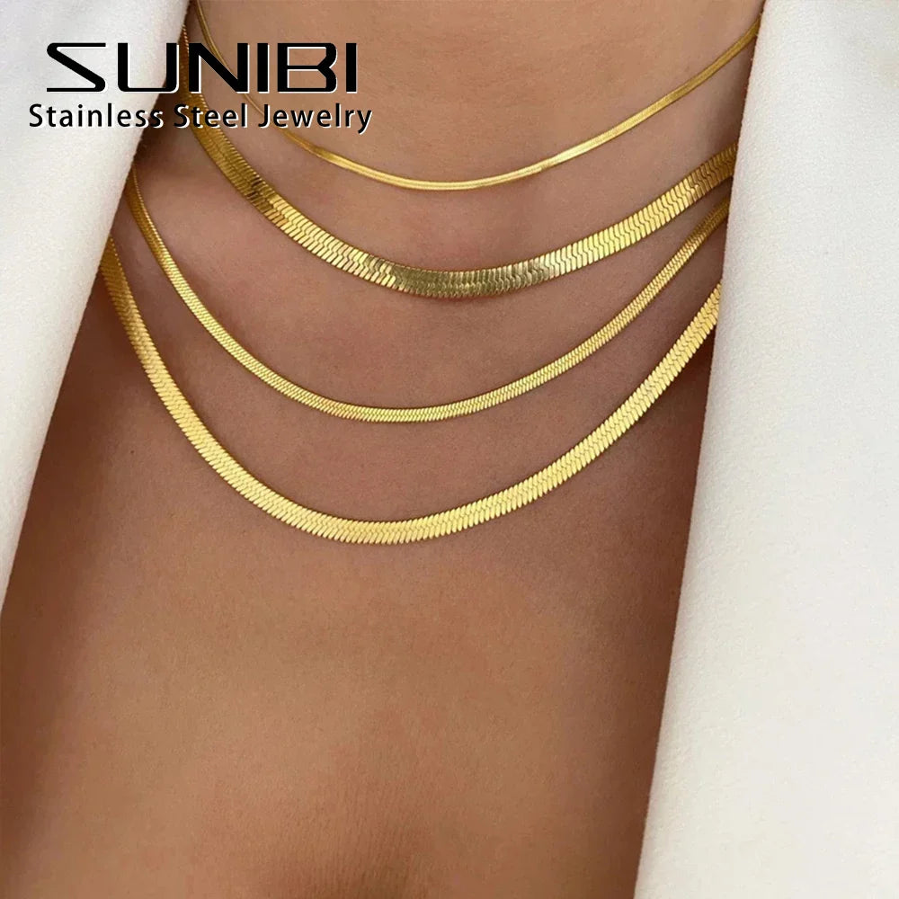SUNIBI Stainless Steel Snake Chain Necklace for Woman Gifts Choker Herringbone Gold Color Necklaces Women Jewelry Wholesale Vera Lux