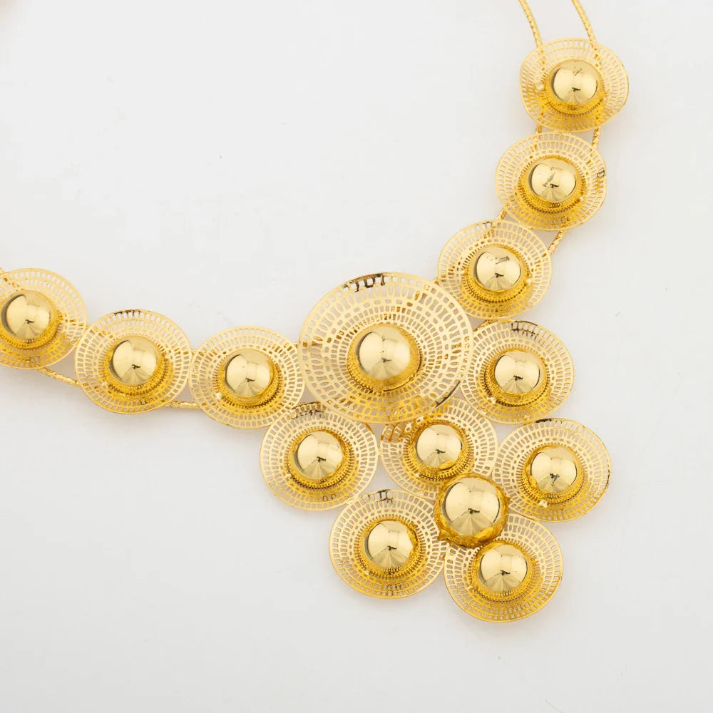Big Woman Jewelry Set Dubai Gold Plated Earrings Necklace Copper Multiple Small Circle Design Flower Bride Bangle Rings Gift Vera Lux