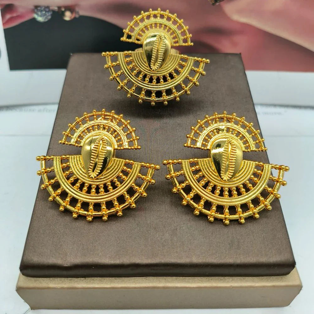 Earrings and Ring Jewelry Set for Women African 18k Gold Color Earrings with Finger Ring 2Pcs Set for Party Ethiopia Daily Wear Vera Lux
