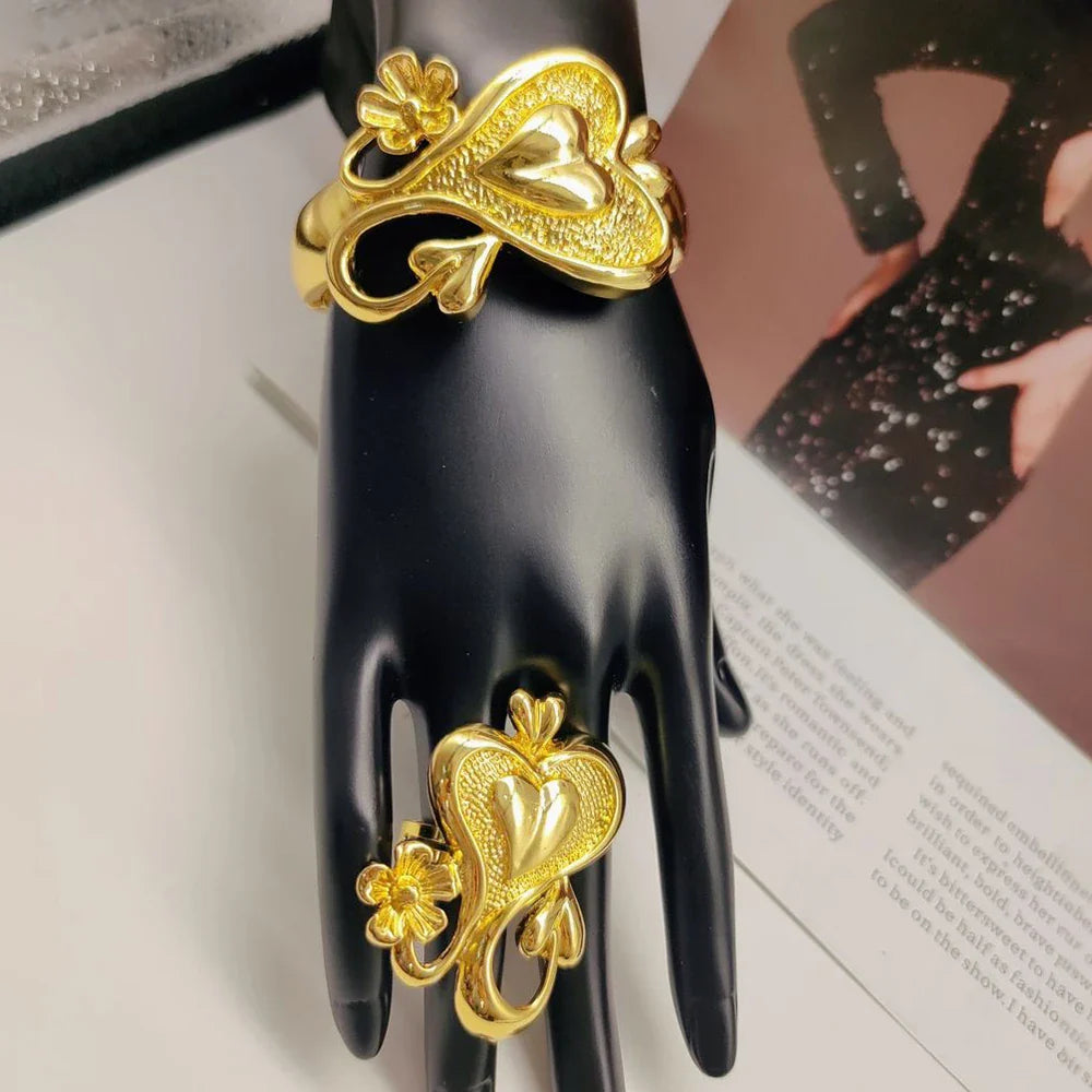 Dubai Bangle and Ring Jewelry Set for Women Weddings Bride Gold Color Hand Bangle Cocktail Ring 2Pcs Set for Party Accessories Vera Lux
