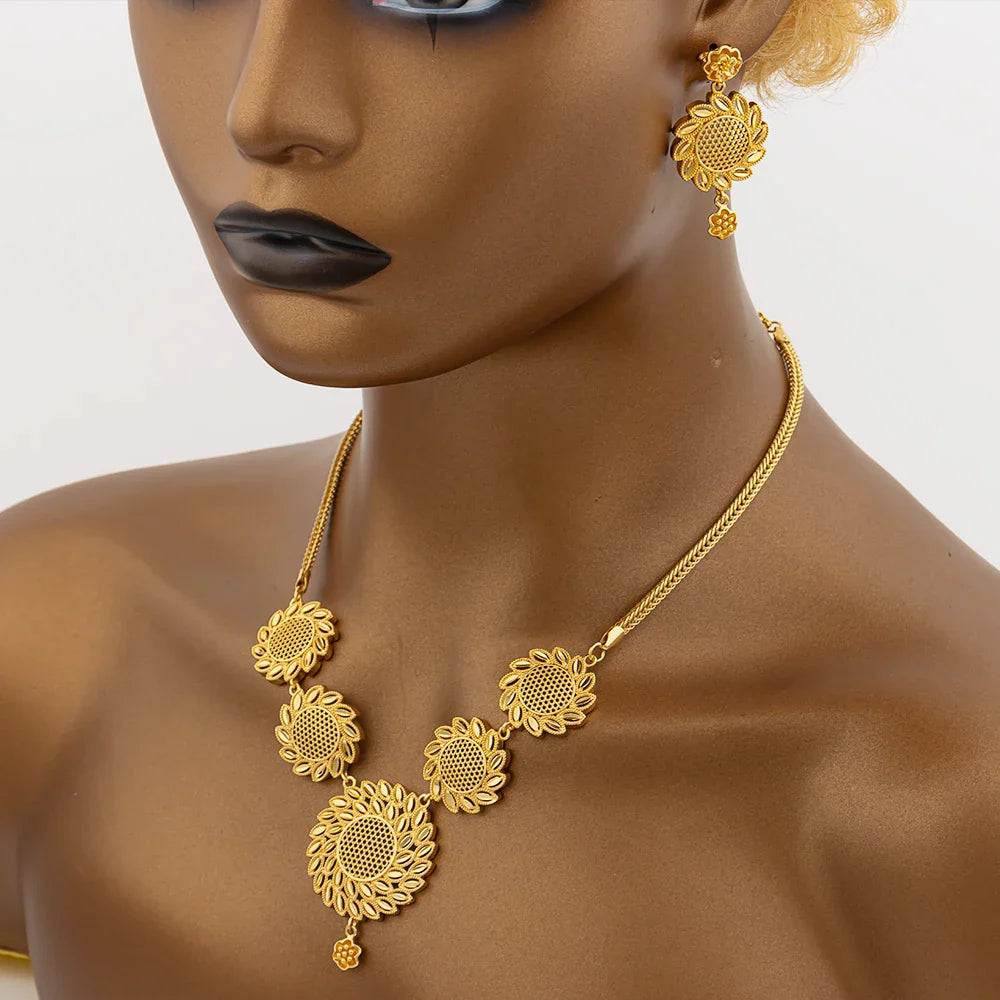 Round Jewelry Set Design for Women African Hot Sale Copper Hoop Earrings Flower Necklace Gold Plated Pendant Party Wedding Gifts Vera Lux