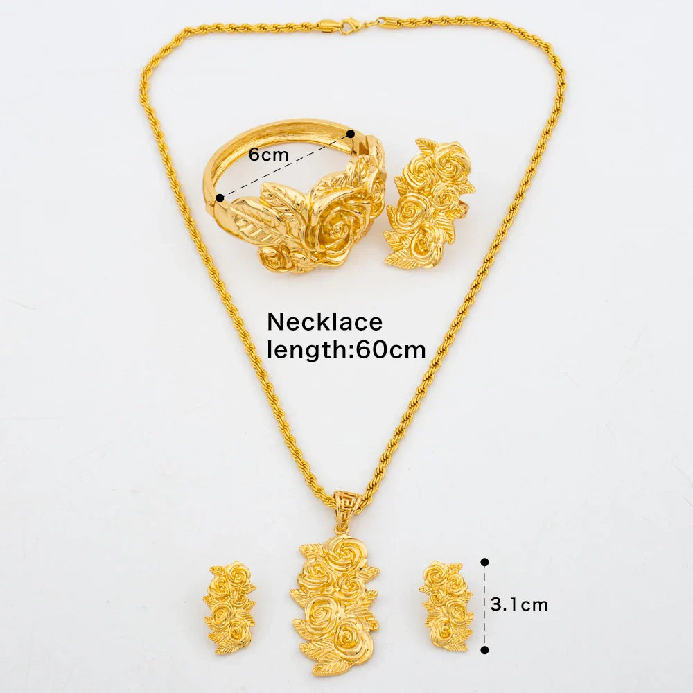 New Arrivals Gold Color Jewelry Sets For Women Fashion Earrings Necklace Italy Bangle Ring Flower Pendant Bride Wedding Party Vera Lux