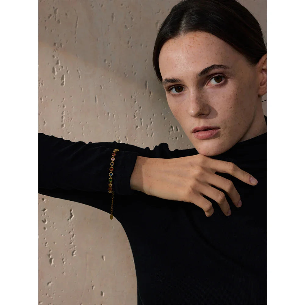 Yhpup Exquisite Colorful Cubic Zirconia Luxury Cast Chain Necklace Bracelet for Women Stainless Steel Waterproof Jewelry Gift Vera Lux