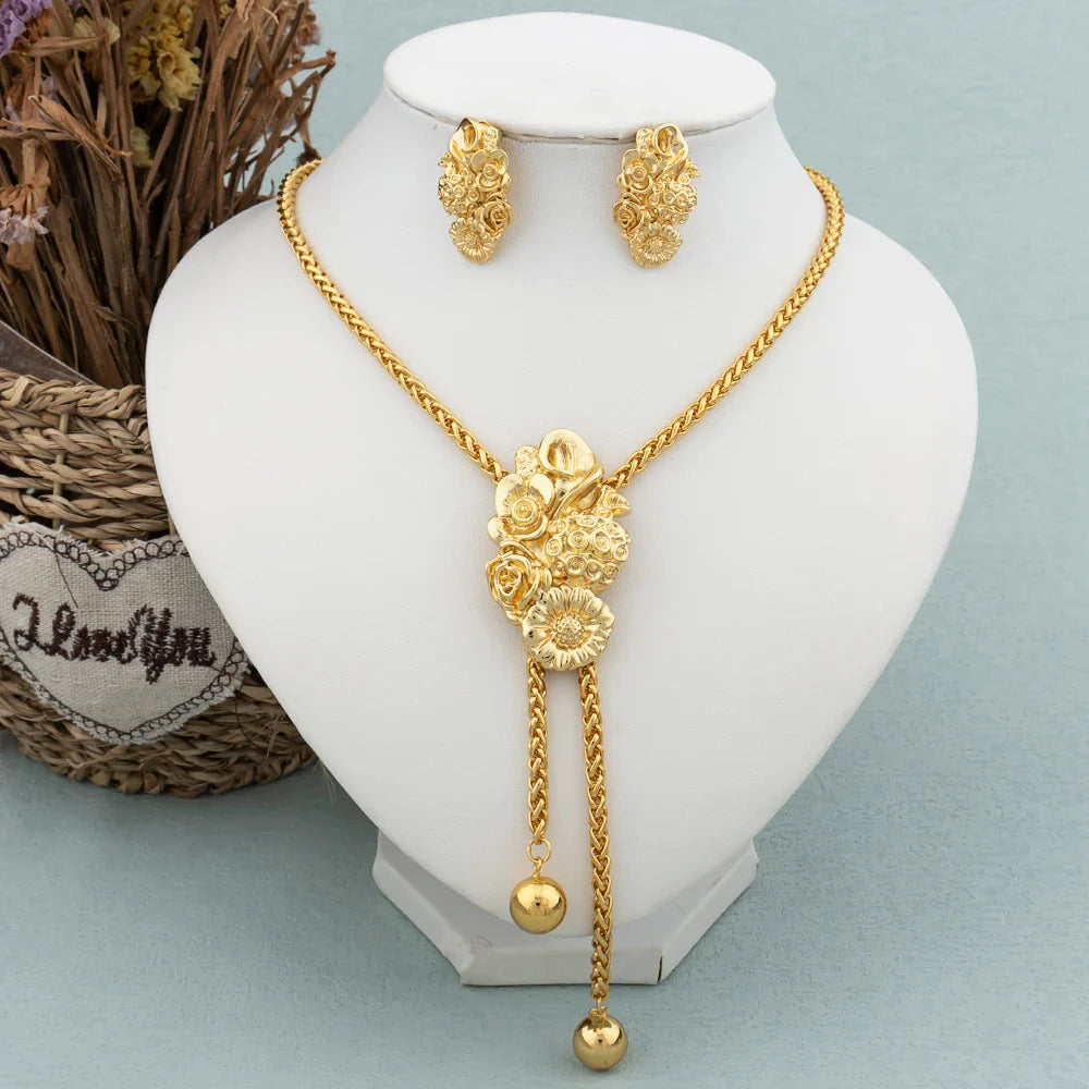 New Fashion Gold Plated Jewelry Set Pendant Dubai Italy Necklace Drop Earrings for Women Adjustable Chain Party Bohemia Jewelry Vera Lux