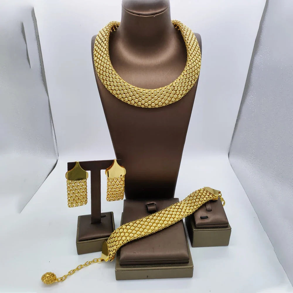 Dubai Hollow Earrings Necklace Jewelry Set Women Fashion Luxury Punk Jewellery Choker Bracelet Wholesale Accessories Party Gift Vera Lux