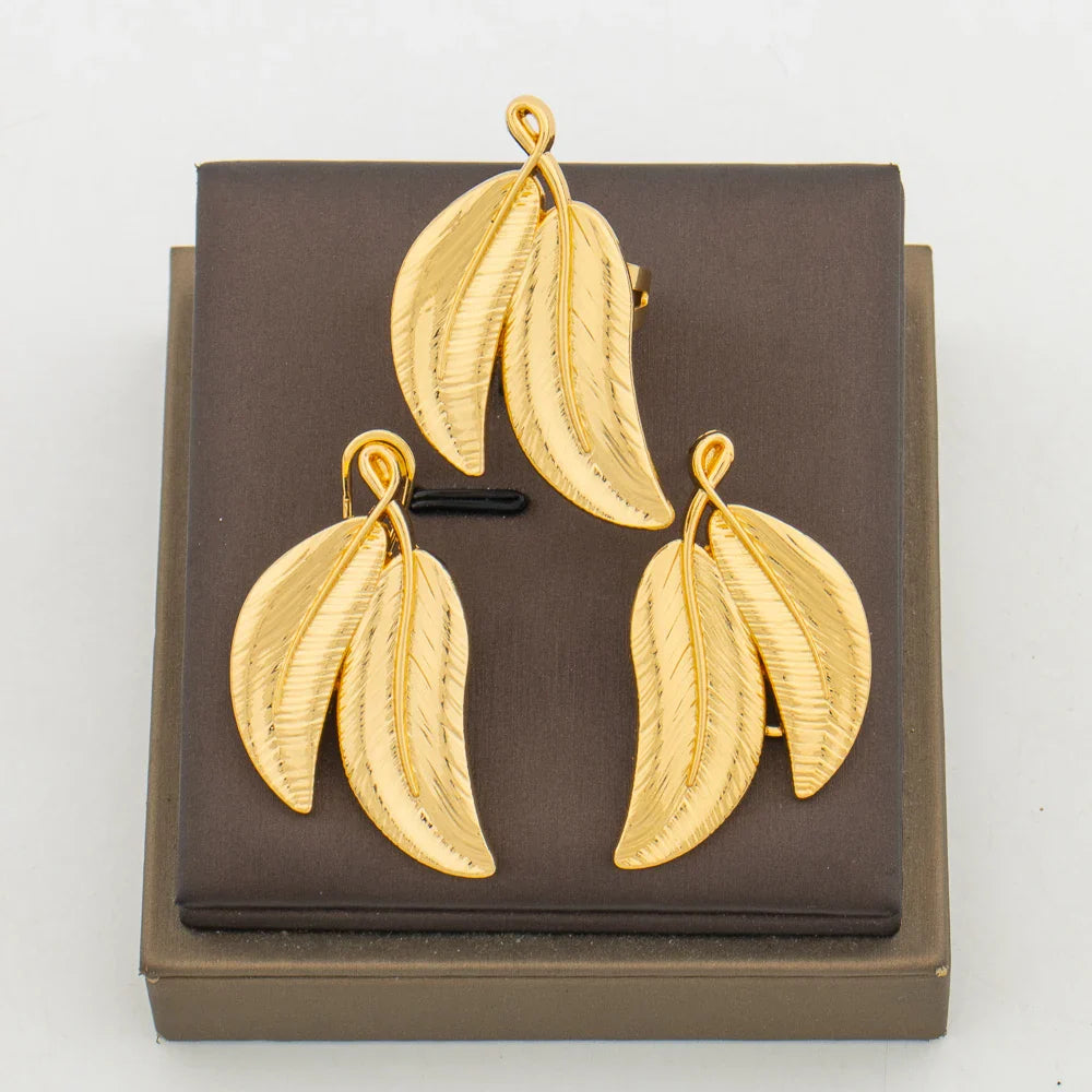 Dubai Gold Color Jewelry Set for Party Leaf Design Earrings and Cocktail Ring 2Pcs Set for Weddings Bridal Jewelry Accessories Vera Lux
