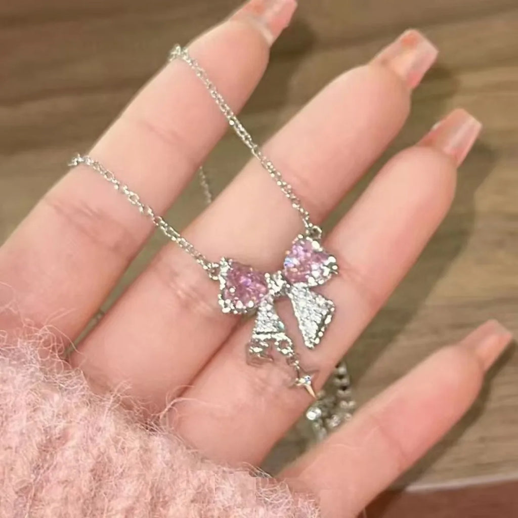 Sweet Pink Bow Necklace Ladies Fashion Sparkling Rhinestone Star Shape Pendant Clavicle Chain Delicate Wedding Accesories Vera Lux