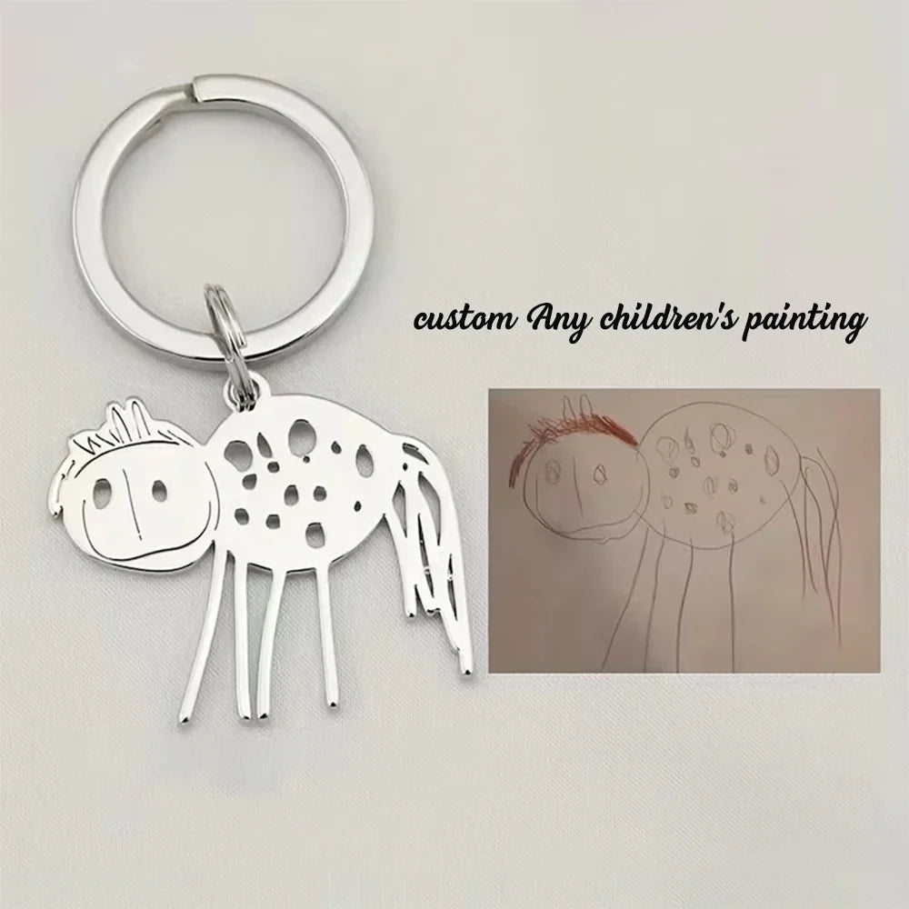 Custom Stainless Steel Children Drawing Pendant Keychain Kids Artwork Personalized Photo Logo Keyring Key Chains Jewelry Gifts Vera Lux