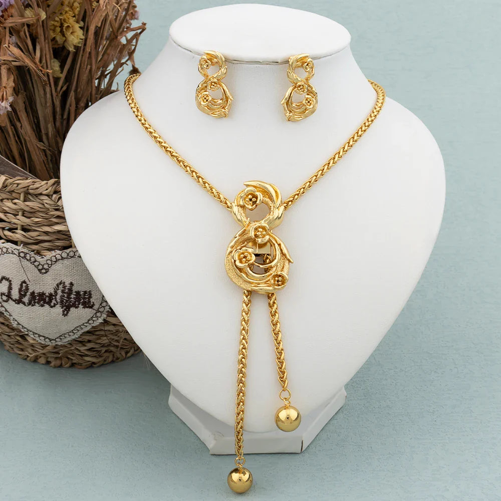 New Fashion Gold Plated Jewelry Set Pendant Dubai Italy Necklace Drop Earrings for Women Adjustable Chain Party Bohemia Jewelry Vera Lux