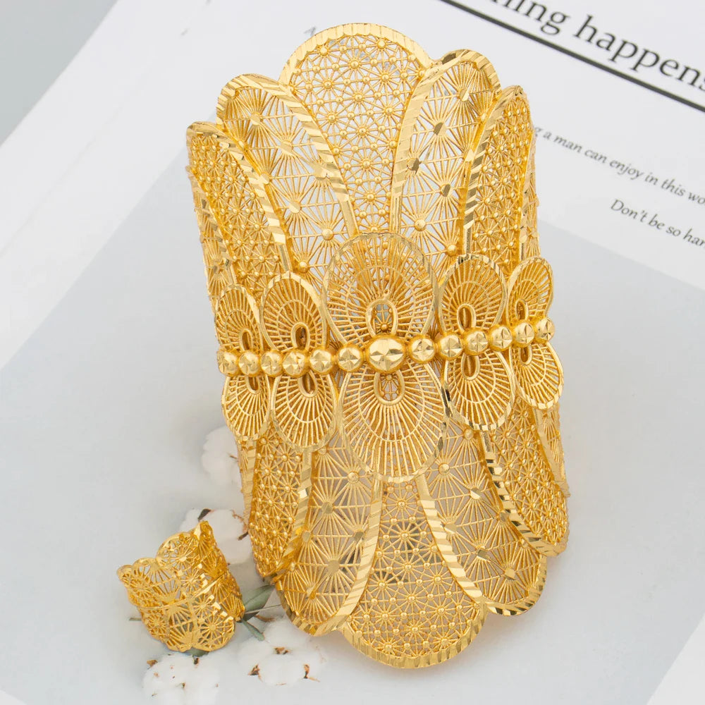 Dubai Cuff Bangle Women Arab 18K Gold Plated Bracelet Ring Luxury Large Round  Jewelry Copper Wedding Ethiopia Bridal Gifts Vera Lux