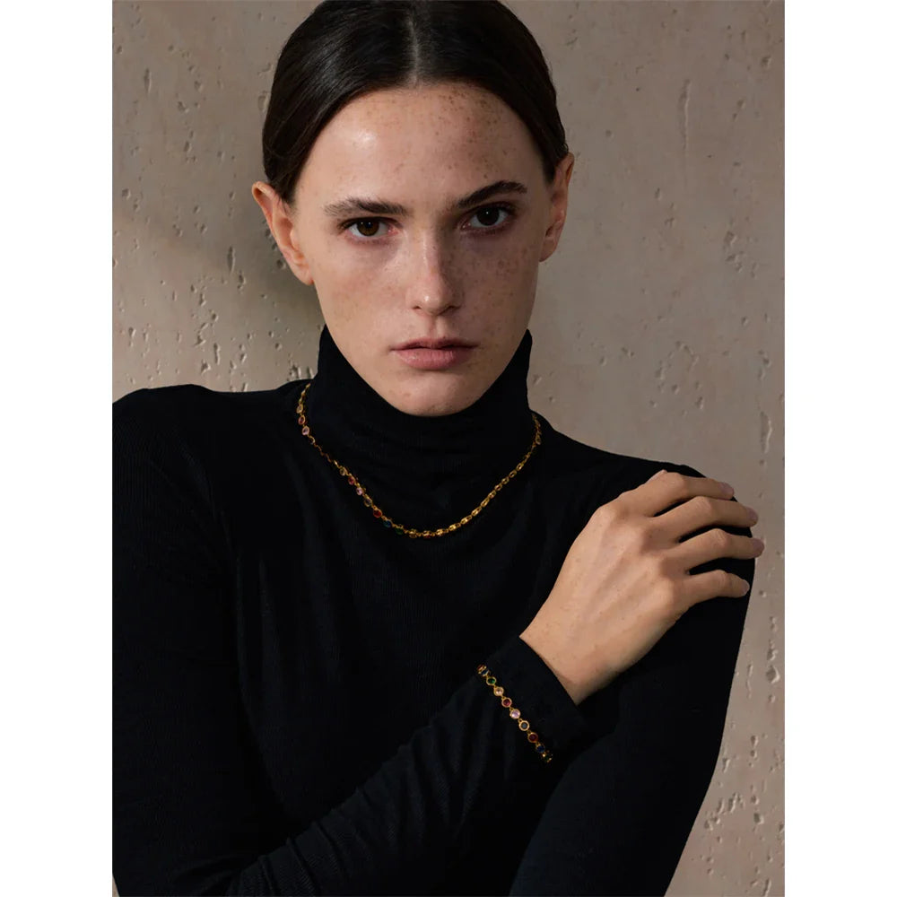 Yhpup Exquisite Colorful Cubic Zirconia Luxury Cast Chain Necklace Bracelet for Women Stainless Steel Waterproof Jewelry Gift Vera Lux