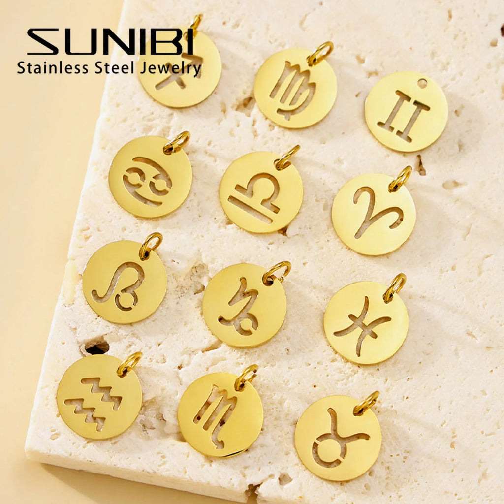 SUNIBI DIY Stainless Steel Disc Components 12 Zodiac Charms for Handmade Jewelry Making Designer Gold Plated Charms for Bracelet Vera Lux