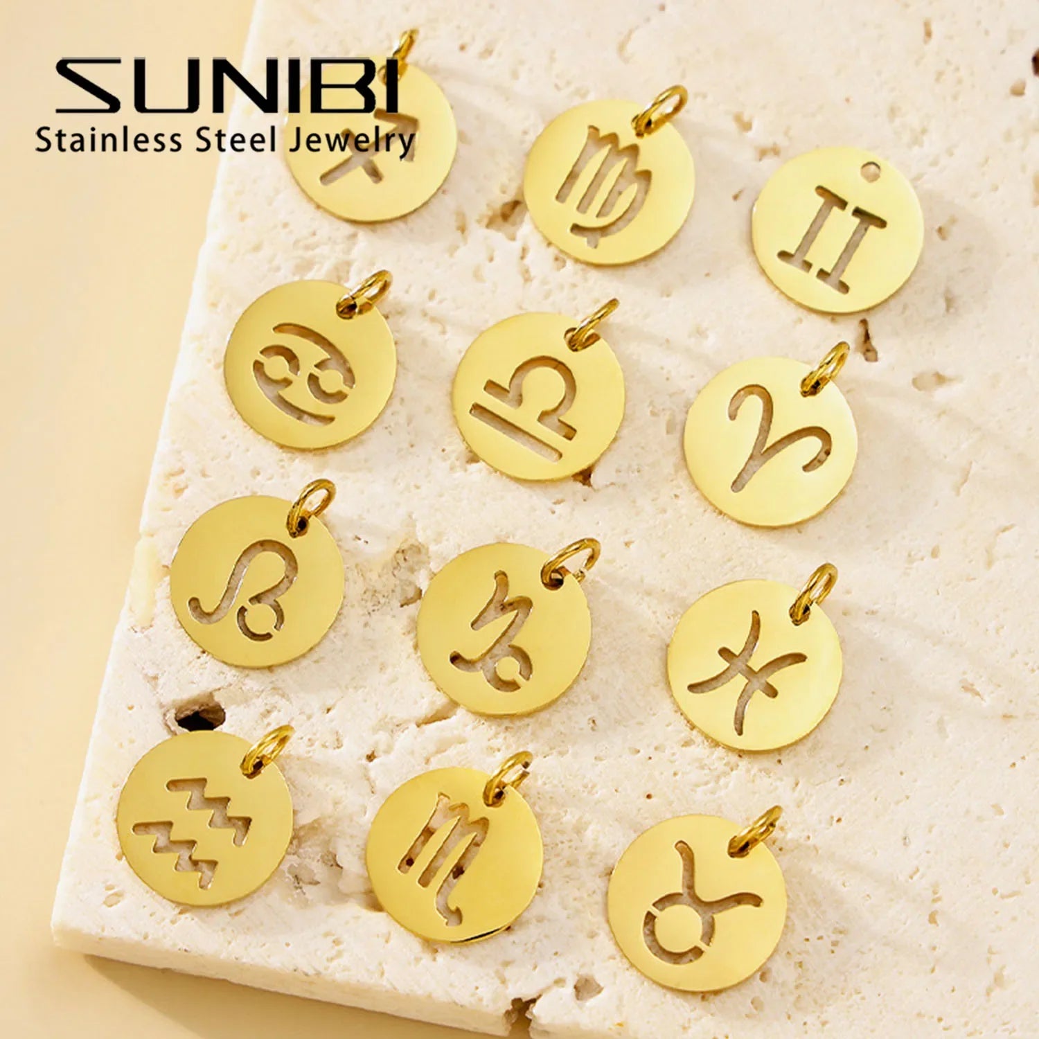 SUNIBI DIY Stainless Steel Disc Components 12 Zodiac Charms for Handmade Jewelry Making Designer Gold Plated Charms for Bracelet Vera Lux